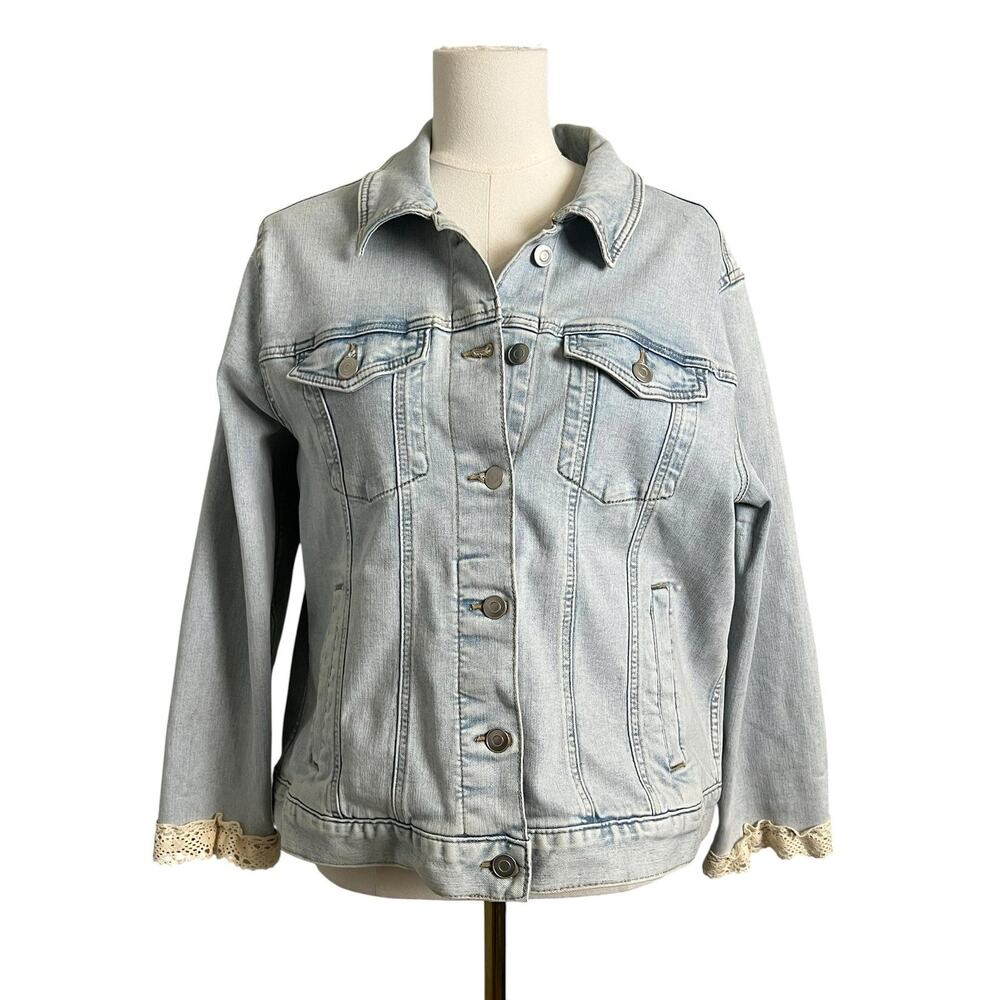 OOAK Upcycled Billabong Denim Jacket Womens XL Surf Boho Lace Patchwork - Picture 2 of 12